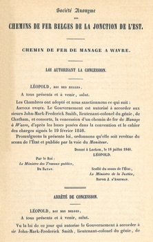 Loi, arrêtés de concessions, cahier des charges et conventions relatifs au chemin de fer de Manage à Wavre