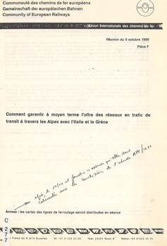 Comment garantir à moyen terme l'offre des réseaux en trafic de transit à travers les Alpes avec l'Italie et la Grèce. Réunion du 5 octobre 1989