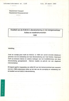 Kwaliteit van de N.M.B.S.-dienstverlening in het reizigersverkeer. Acties en meetinstrumenten 1996. Informatiedocument nr.1378